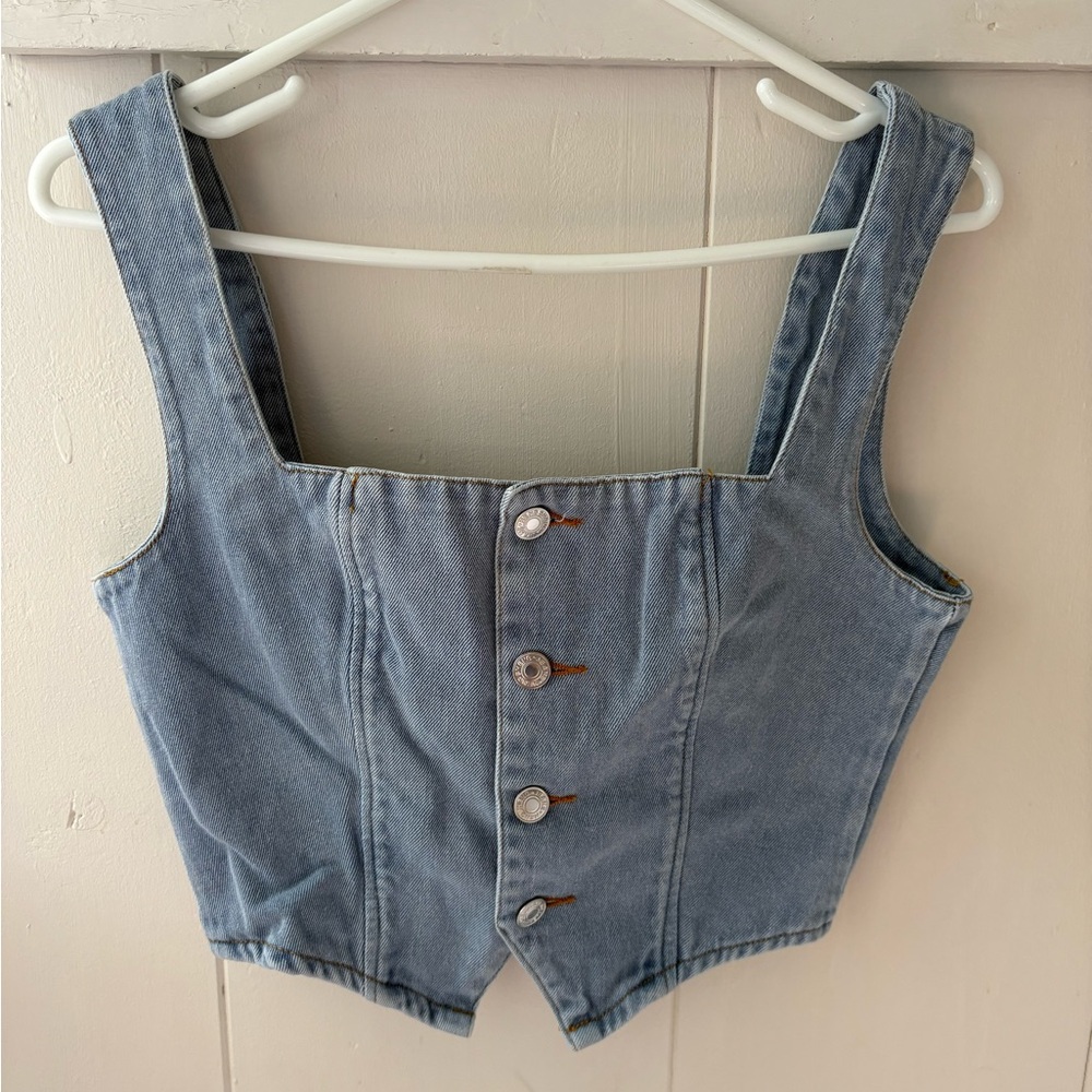 Denim Button-Up Vest — smocked back